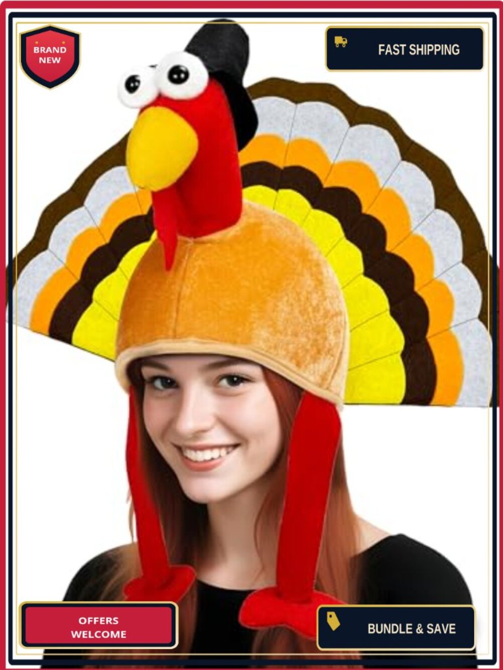 Plush Turkey Thanksgiving Hat Novelty Costume Cap One Size Adult Party